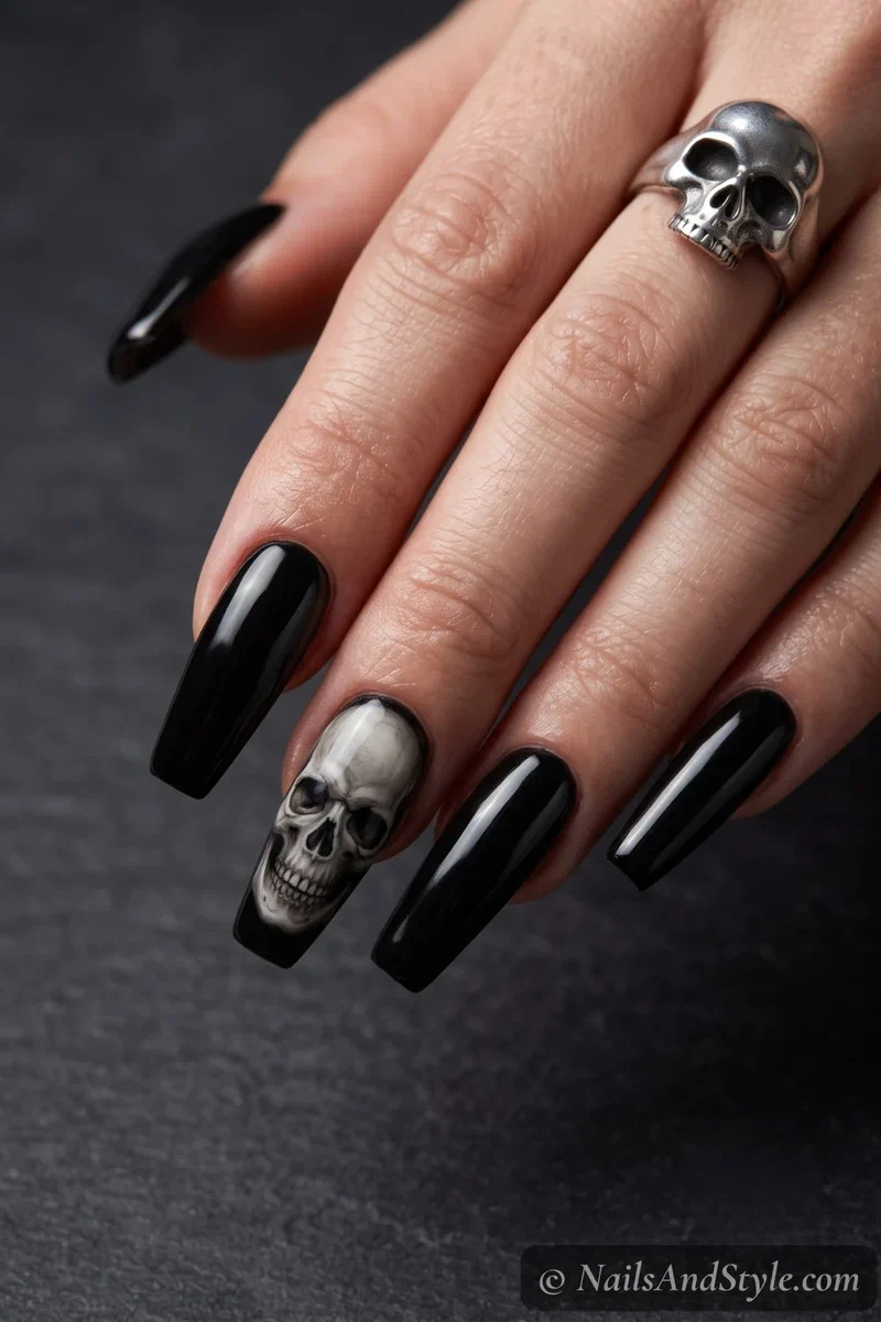 Long black nails with a detailed realistic painted skull