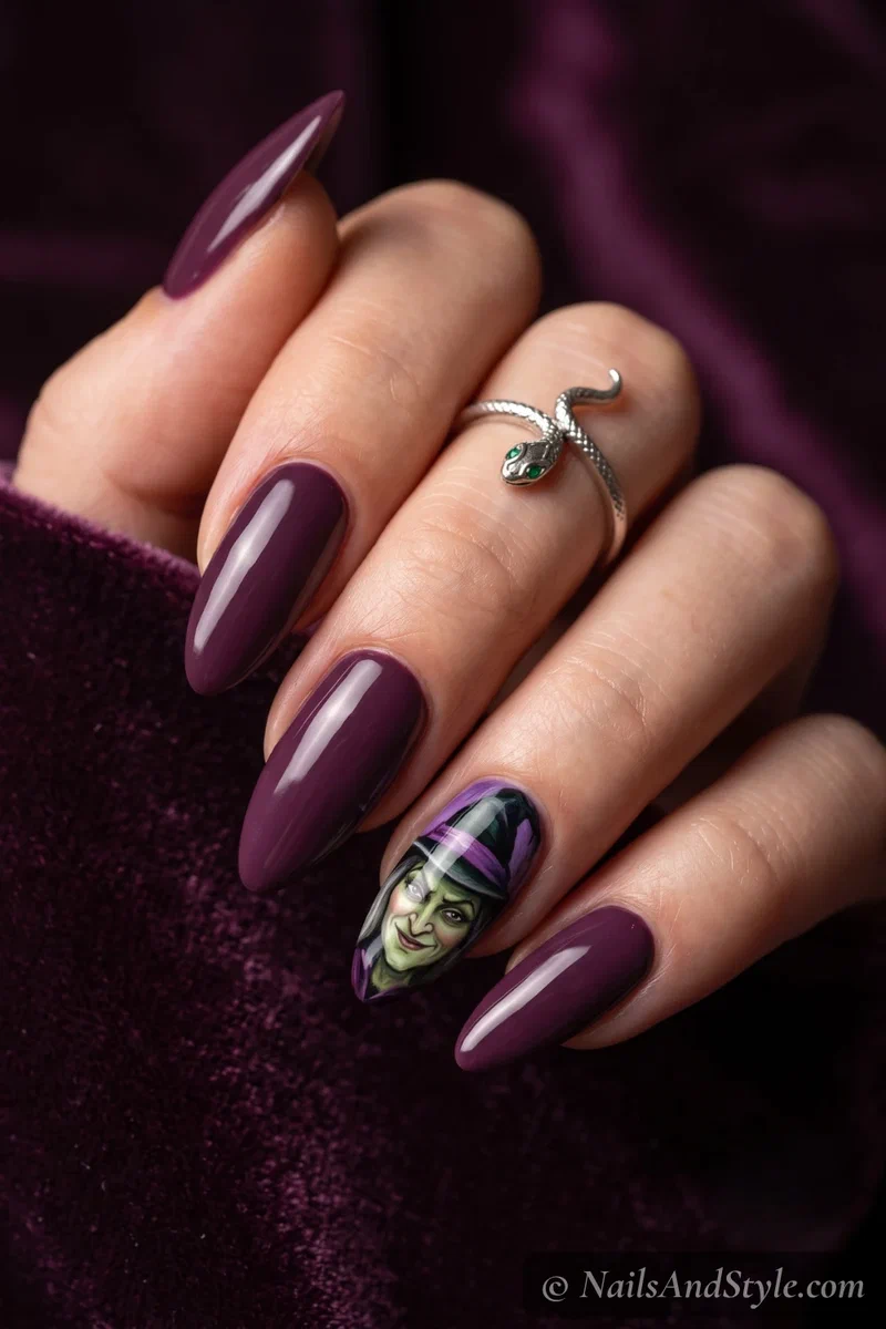 Long plum nails with a hand-painted witch portrait accent