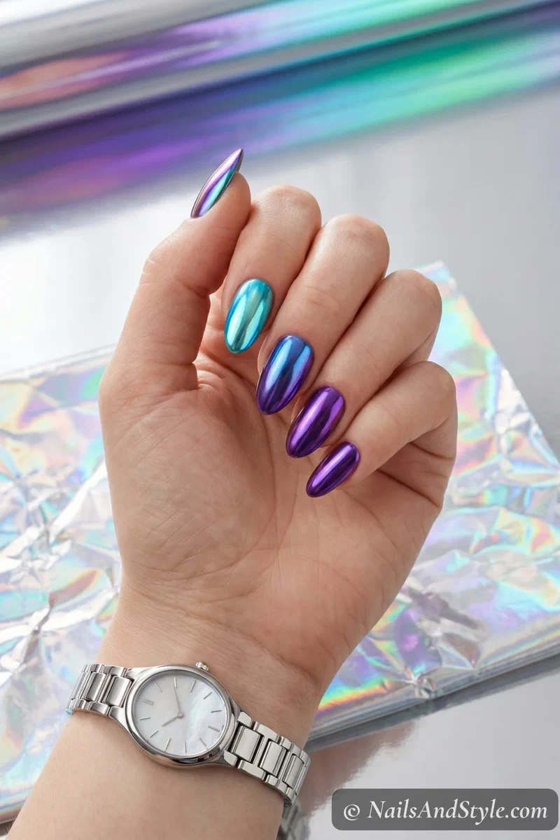 Aqua chrome color-shifting nails flipping between blue and purple