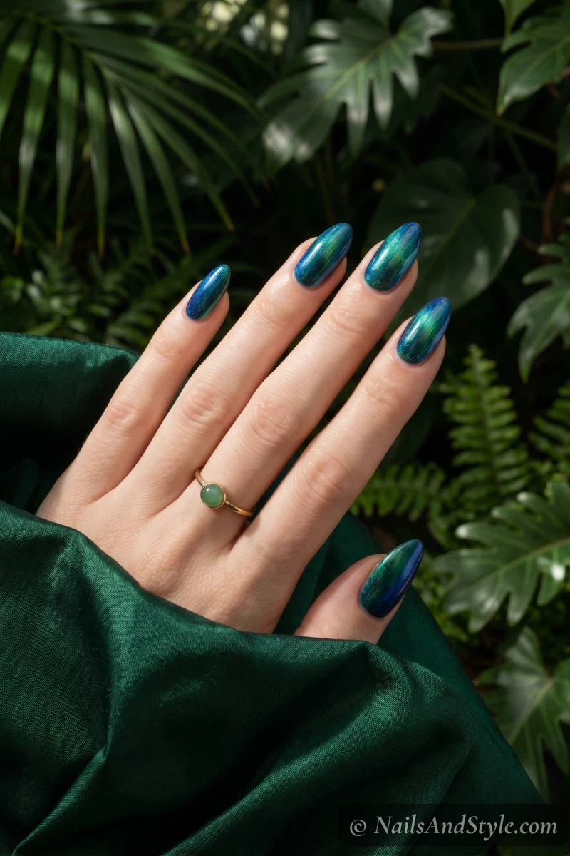 Duochrome nails shifting between blue and green under light