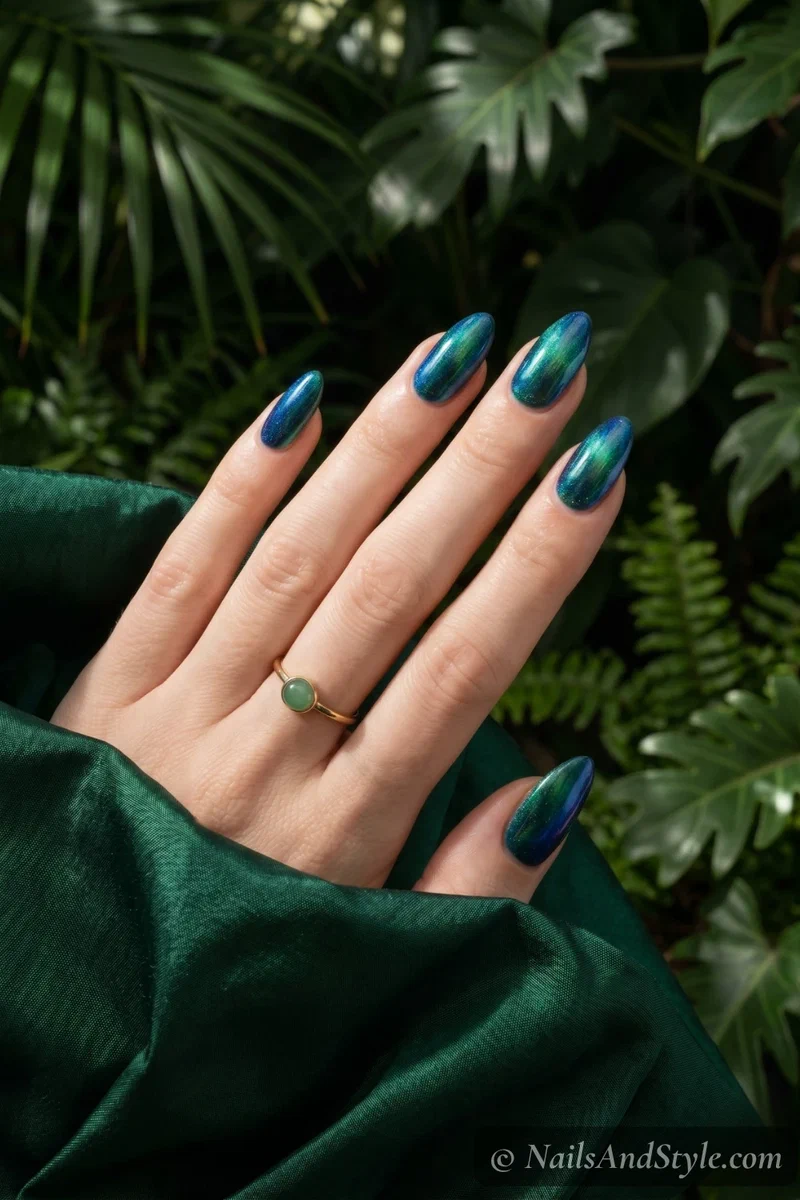 Duochrome nails shifting between blue and green under light