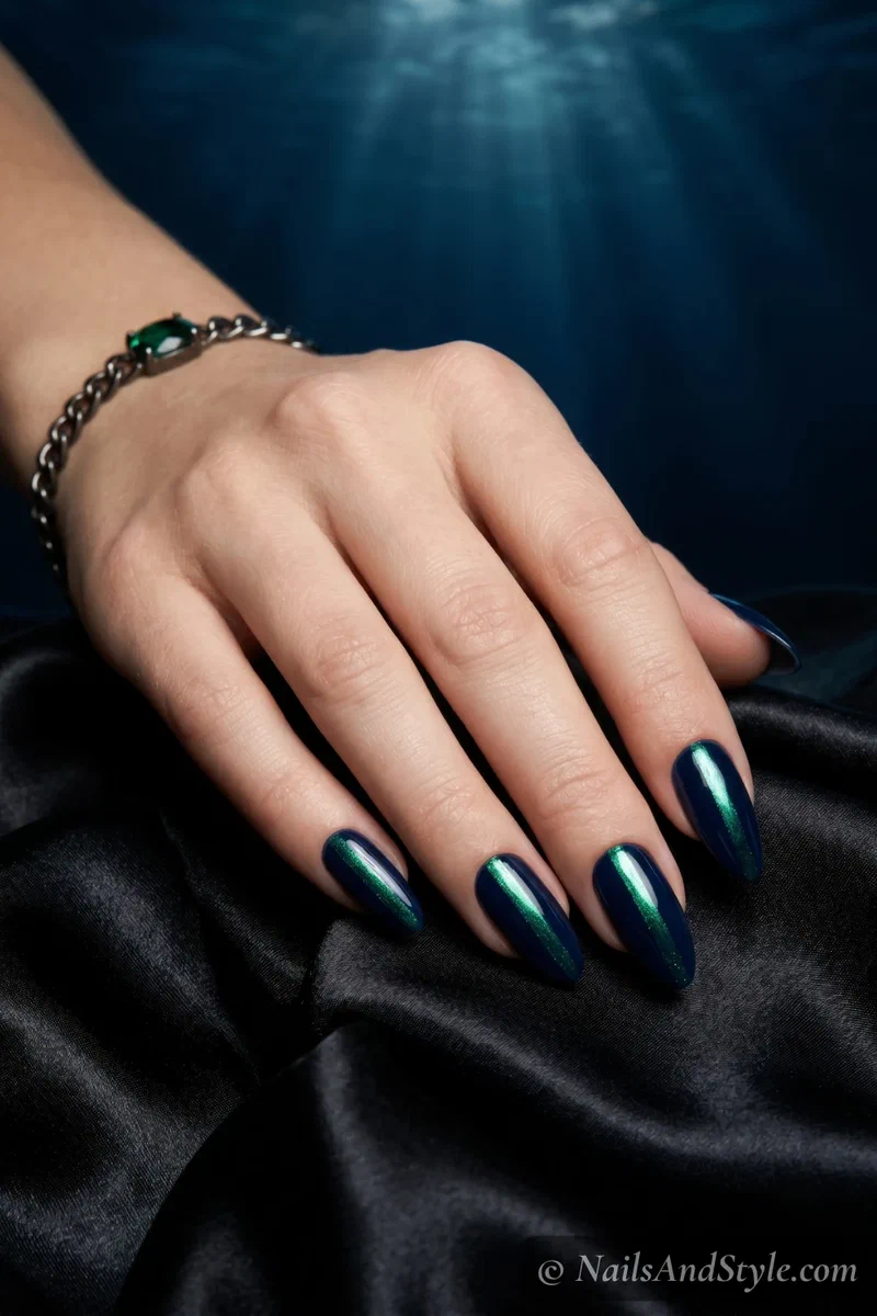 Dark navy nails with emerald green chrome stripe down the center