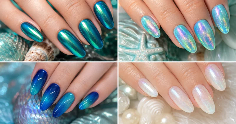 Collage of four mermaid nail designs including chrome shimmer, holographic scales, ocean ombre, and iridescent pearl nails