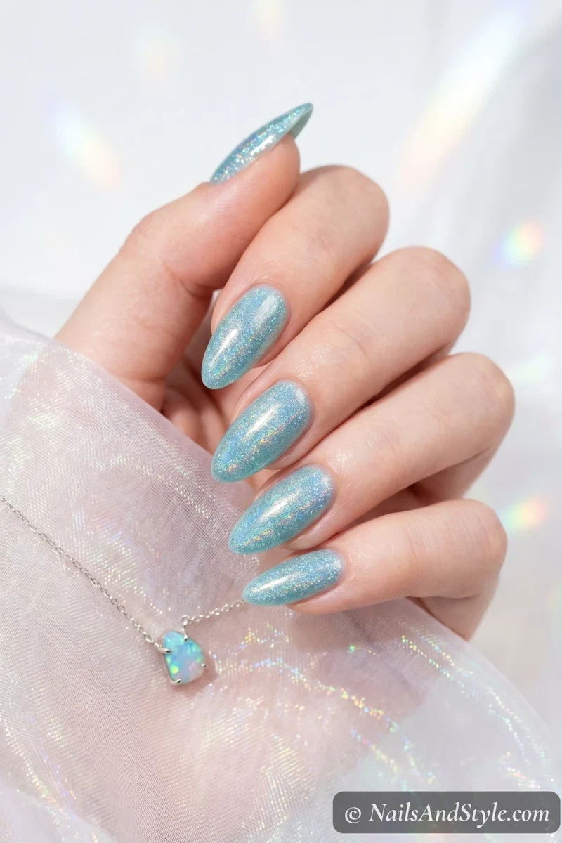 Holographic rainbow shimmer mermaid nails on aqua base