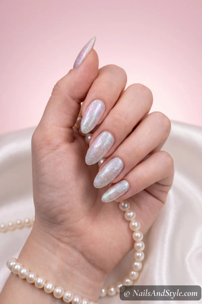 Sheer white iridescent pearl mermaid nails with color-shifting shimmer