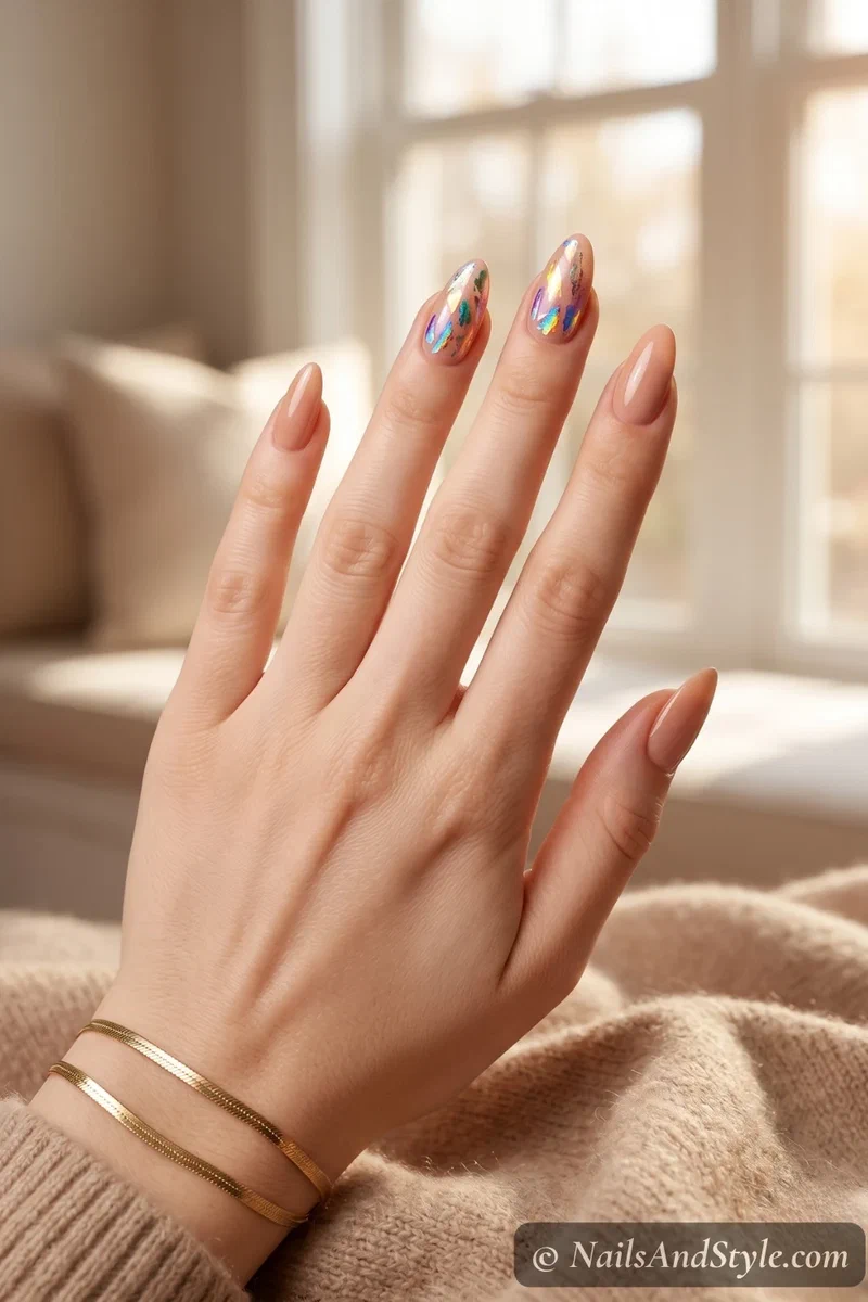 Nude nails with iridescent rainbow foil on accent nails