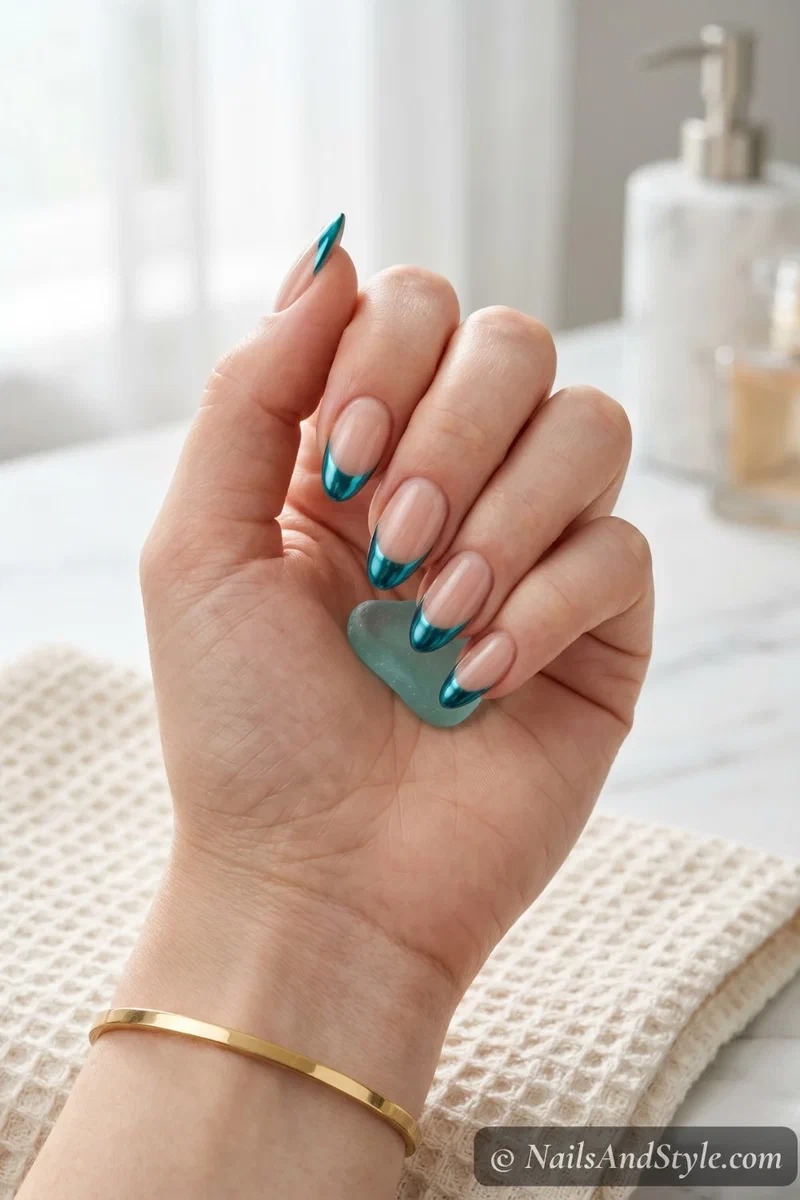 Sheer nude nails with teal chrome French tip line