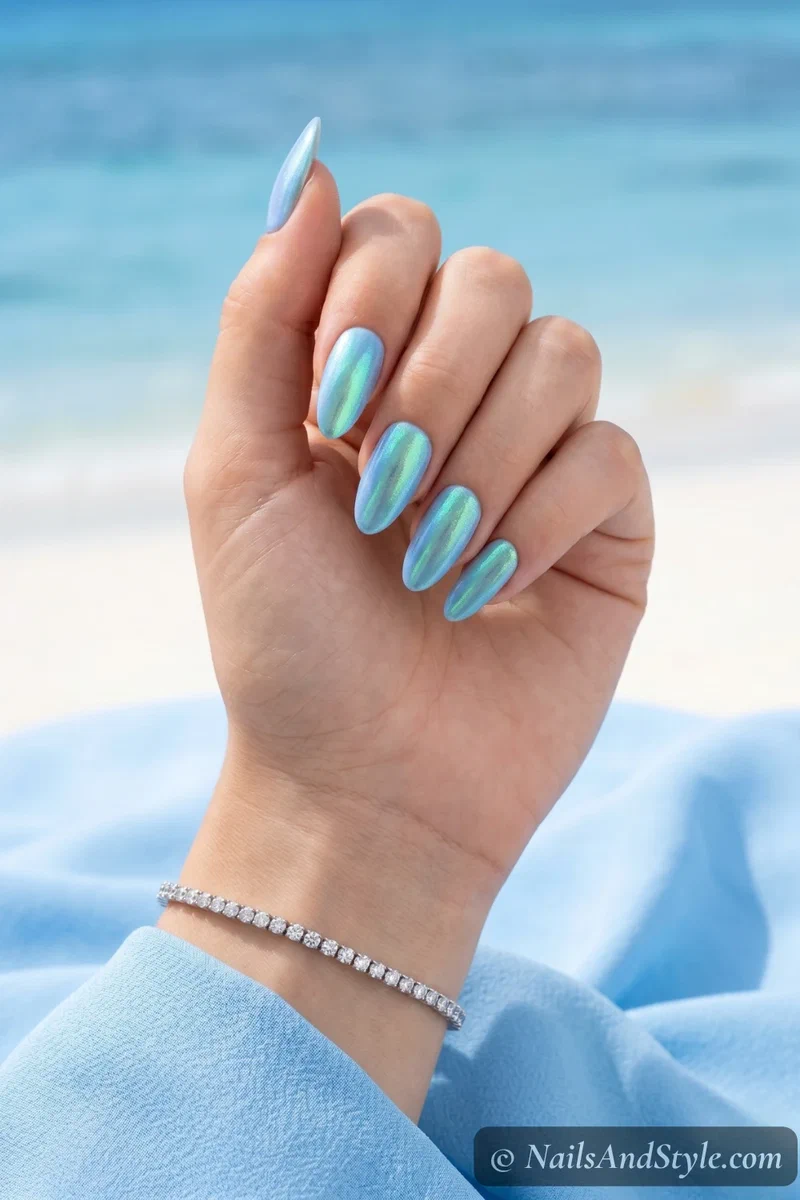 Light blue nails with mermaid shimmer powder creating green-blue color shift