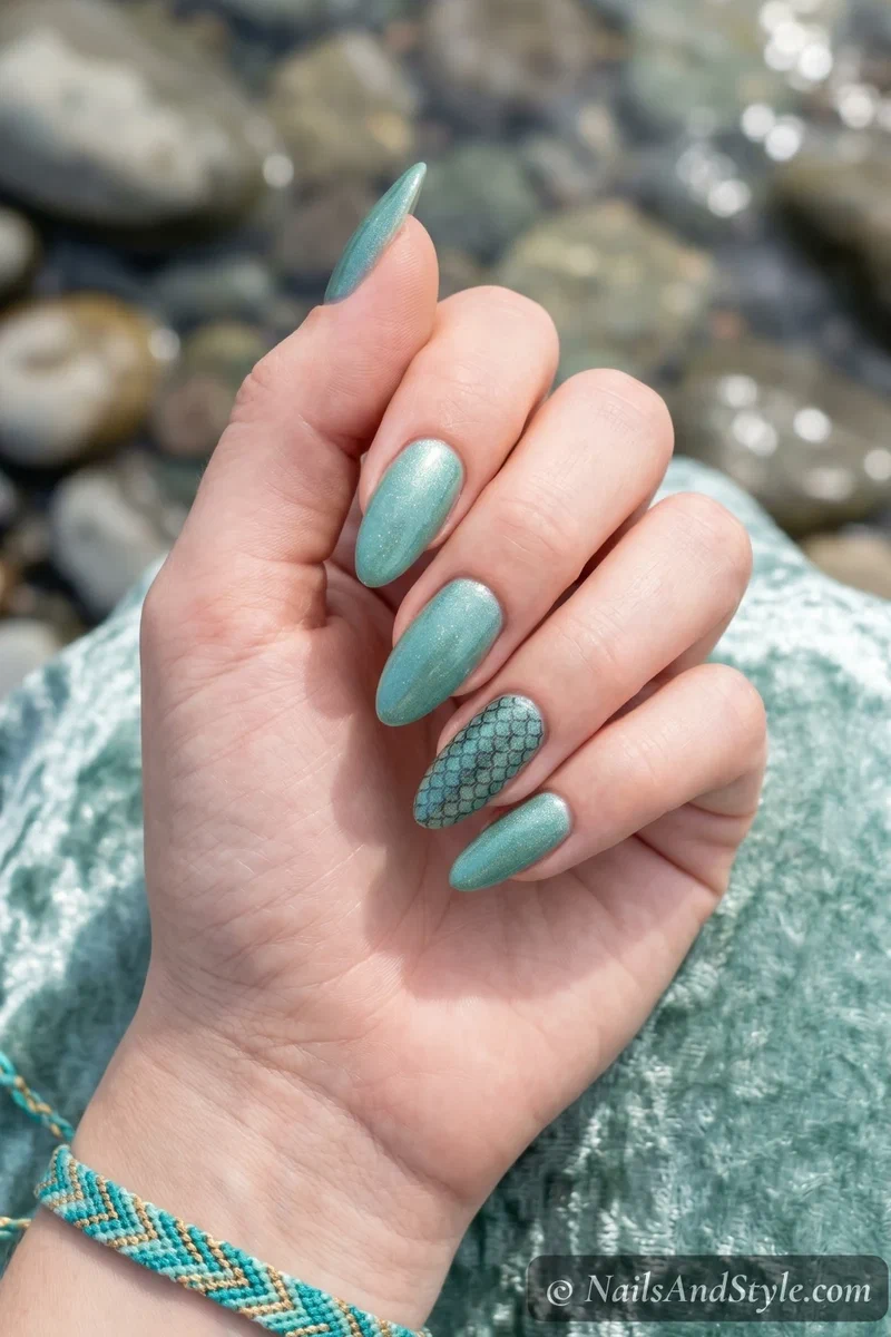Seafoam shimmer nails with textured mermaid scale pattern on accent nails
