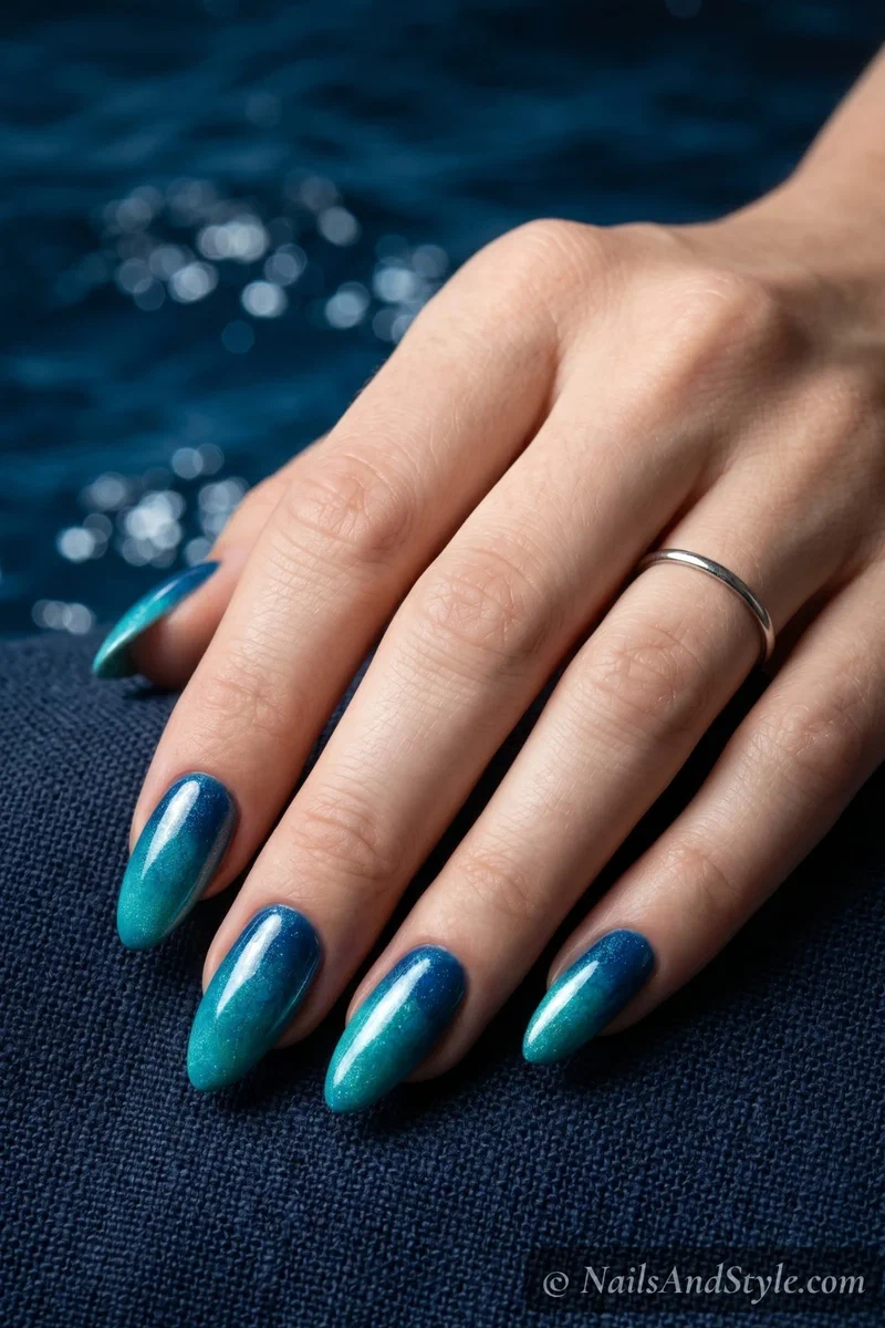 Deep blue to teal ombre gradient mermaid nails