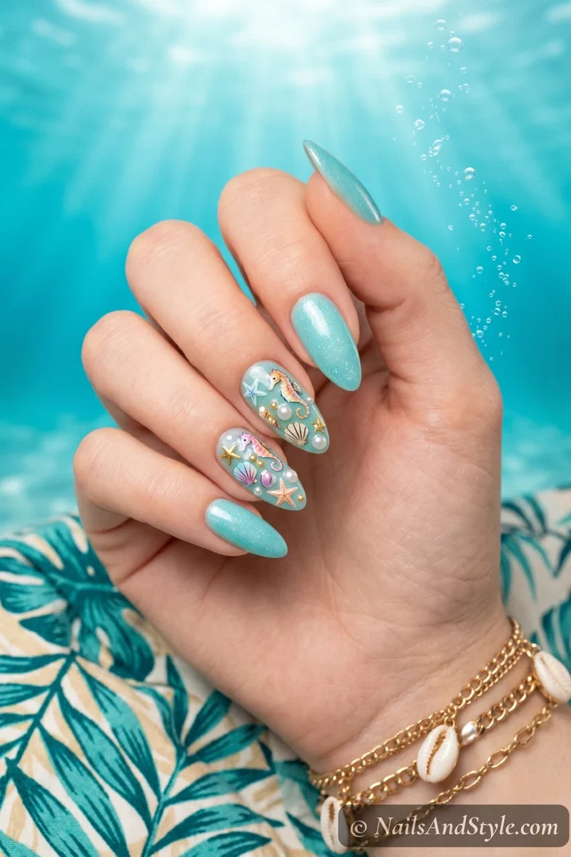Aqua nails with detailed hand-painted ocean collage featuring seahorse shells and pearls on accent nails