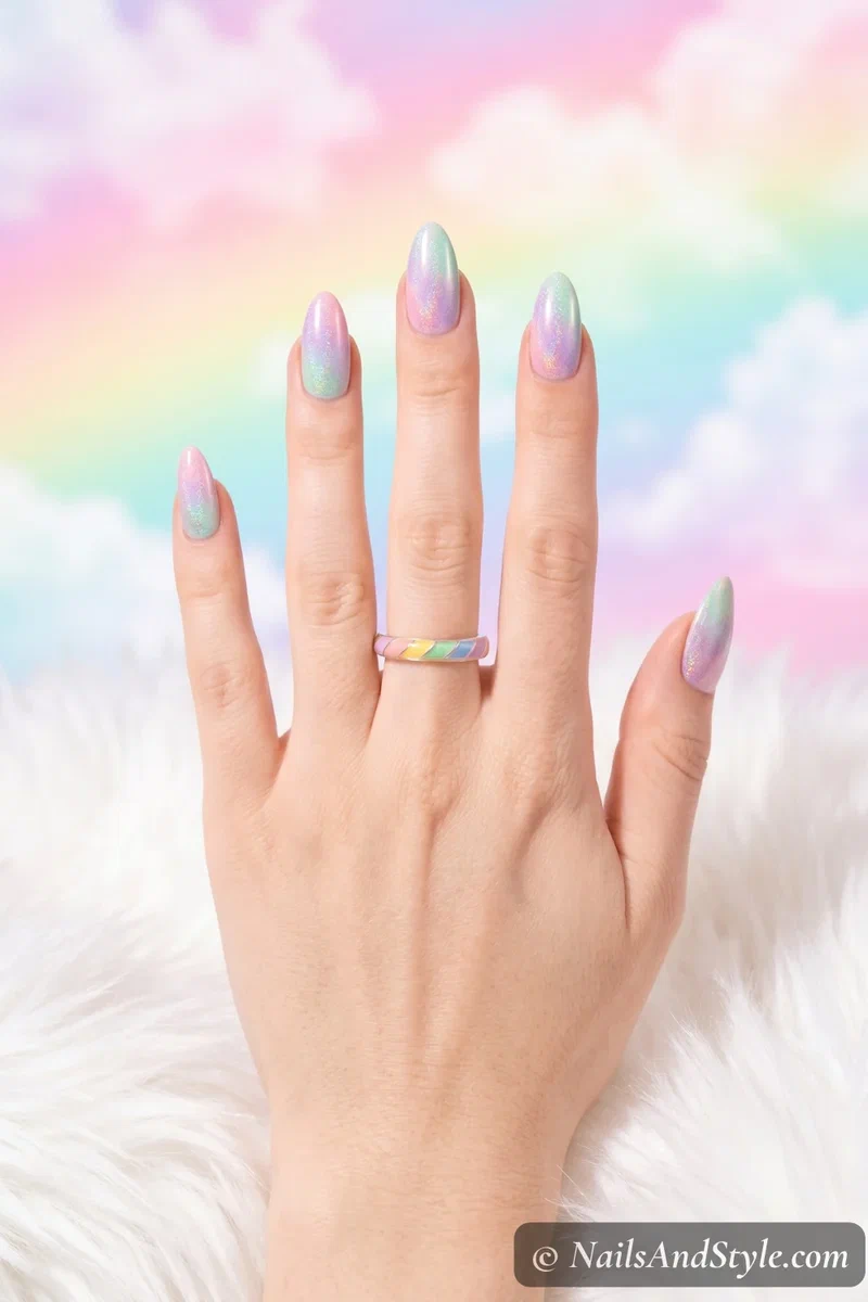 Pastel pink lavender and mint gradient nails with holographic top coat