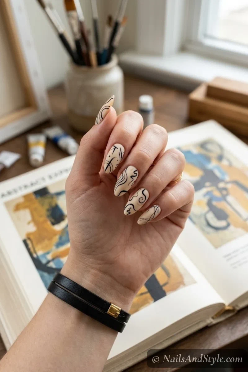 cream nails with black abstract line art drawn with toothpick