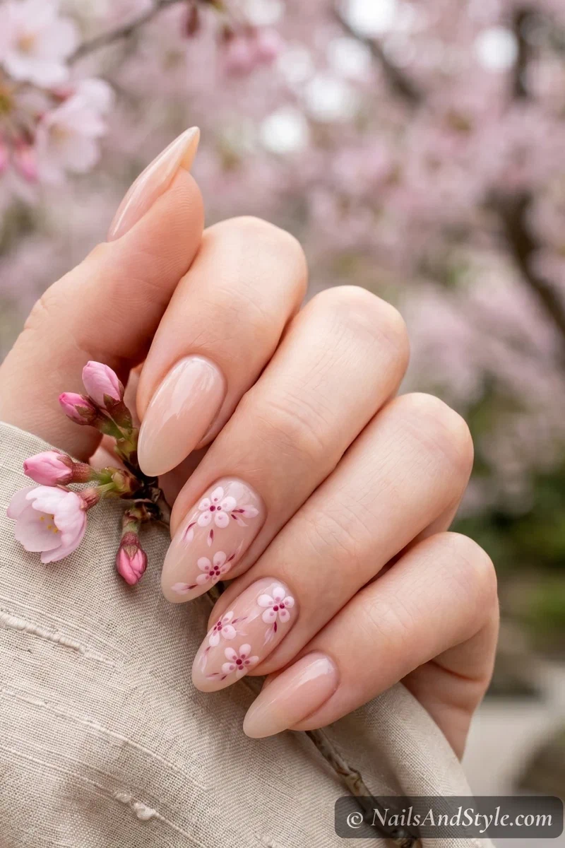nude nails with soft pink cherry blossom flowers on accent nails