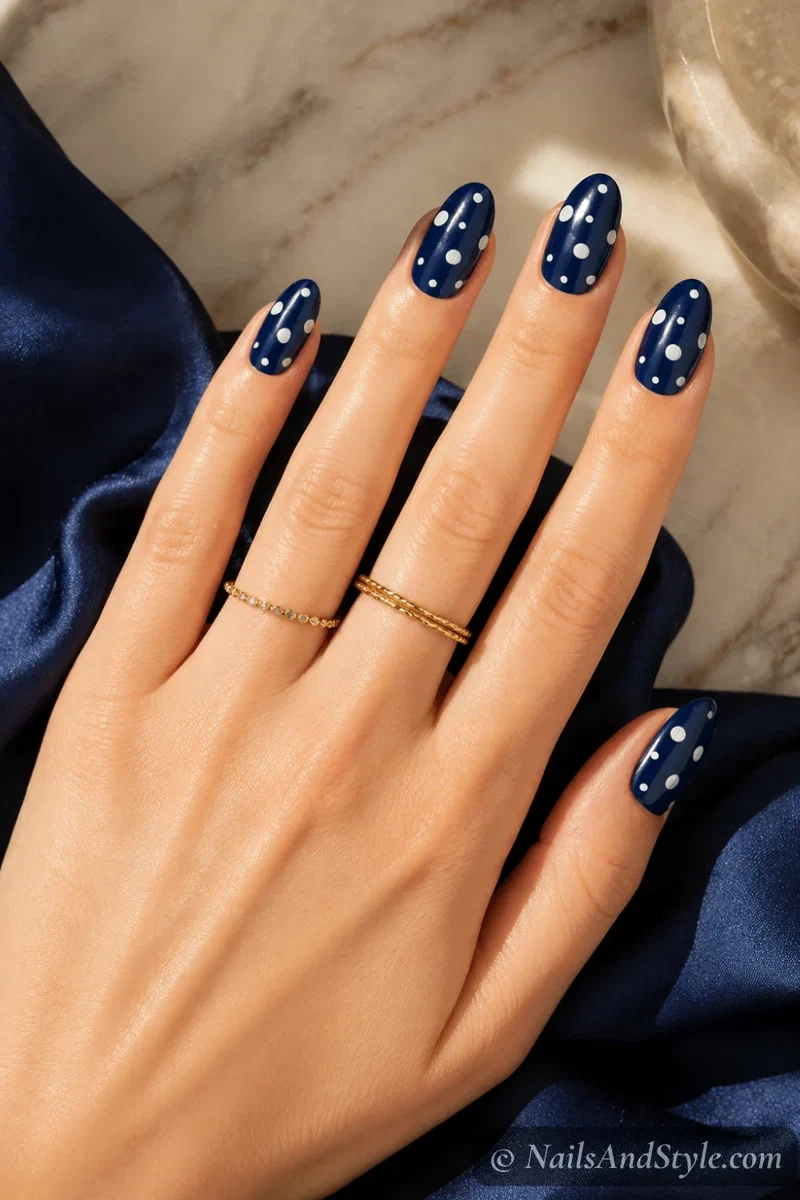 navy blue nails with white polka dots made with a toothpick