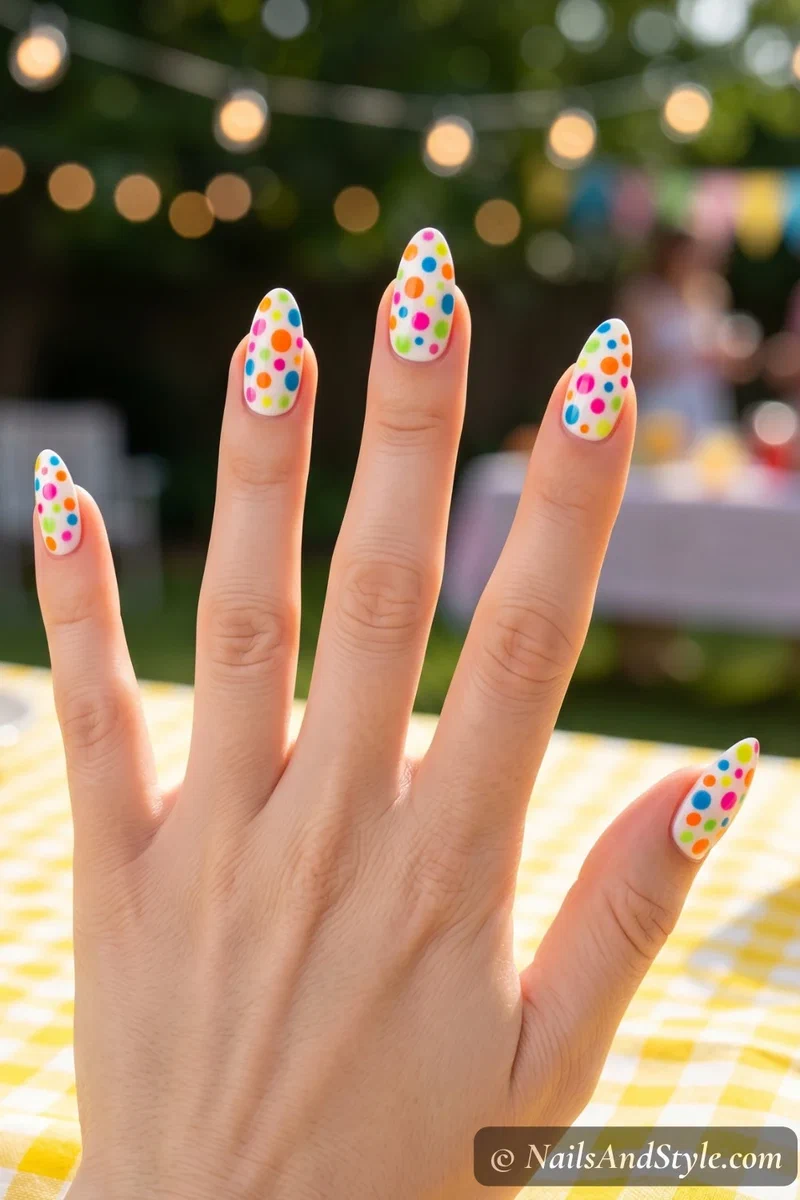 white nails with multicolor bright confetti style dots
