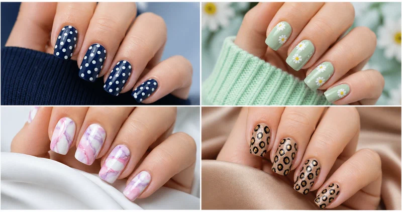 collage of toothpick nail art designs including dots flowers marble swirls and leopard print on short nails