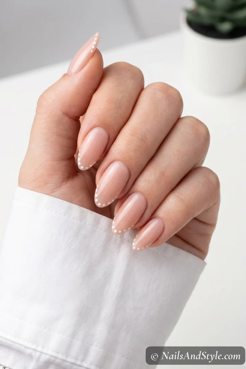 nude nails with a row of tiny white dots along the tip in French tip style