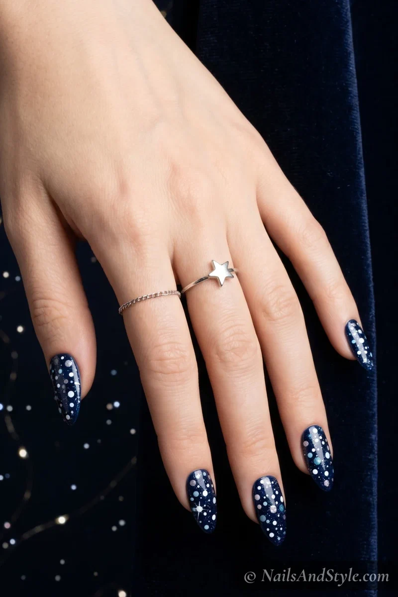 dark navy nails with silver and white galaxy dot constellation design