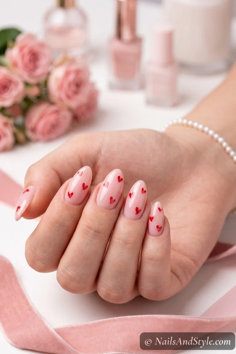 soft pink nails with tiny red heart accents made with a toothpick
