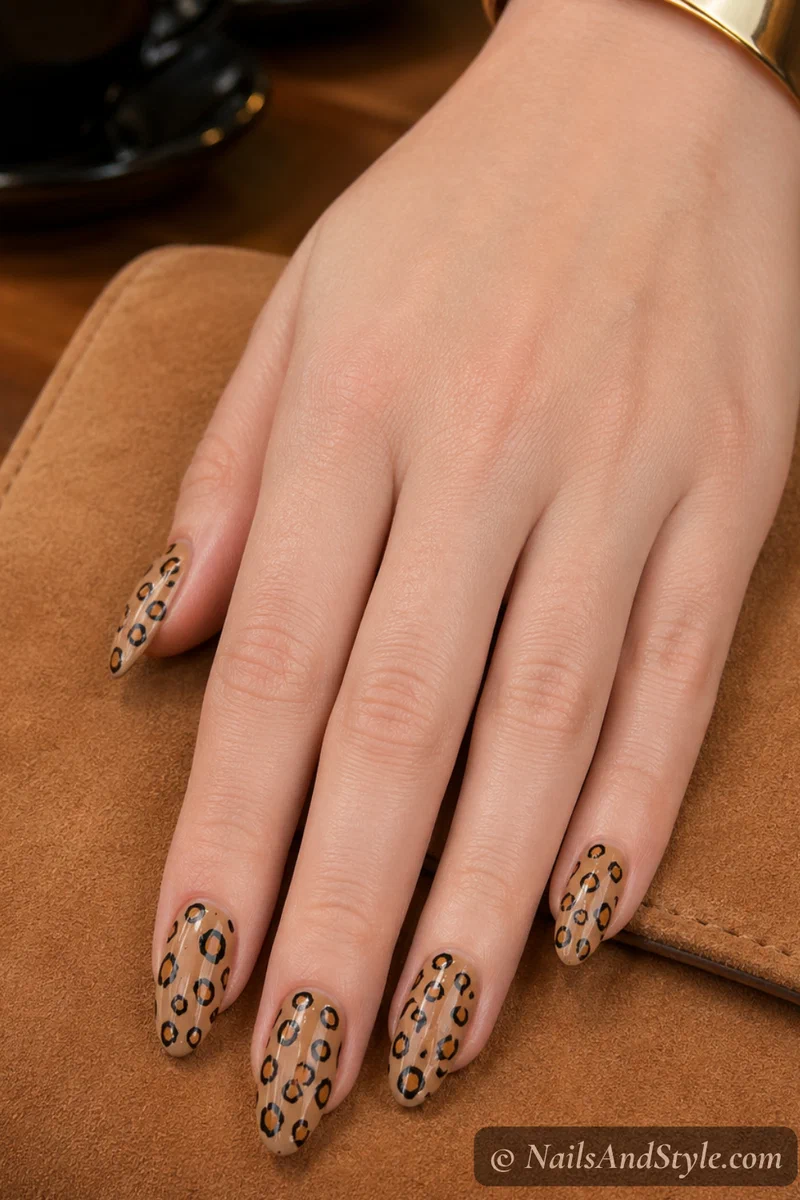 nude nails with leopard print spots created with a toothpick
