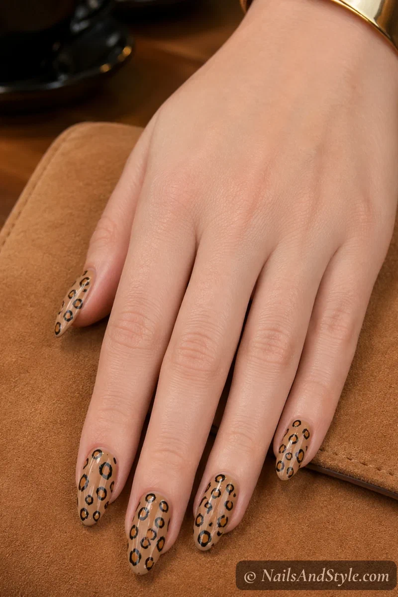 nude nails with leopard print spots created with a toothpick