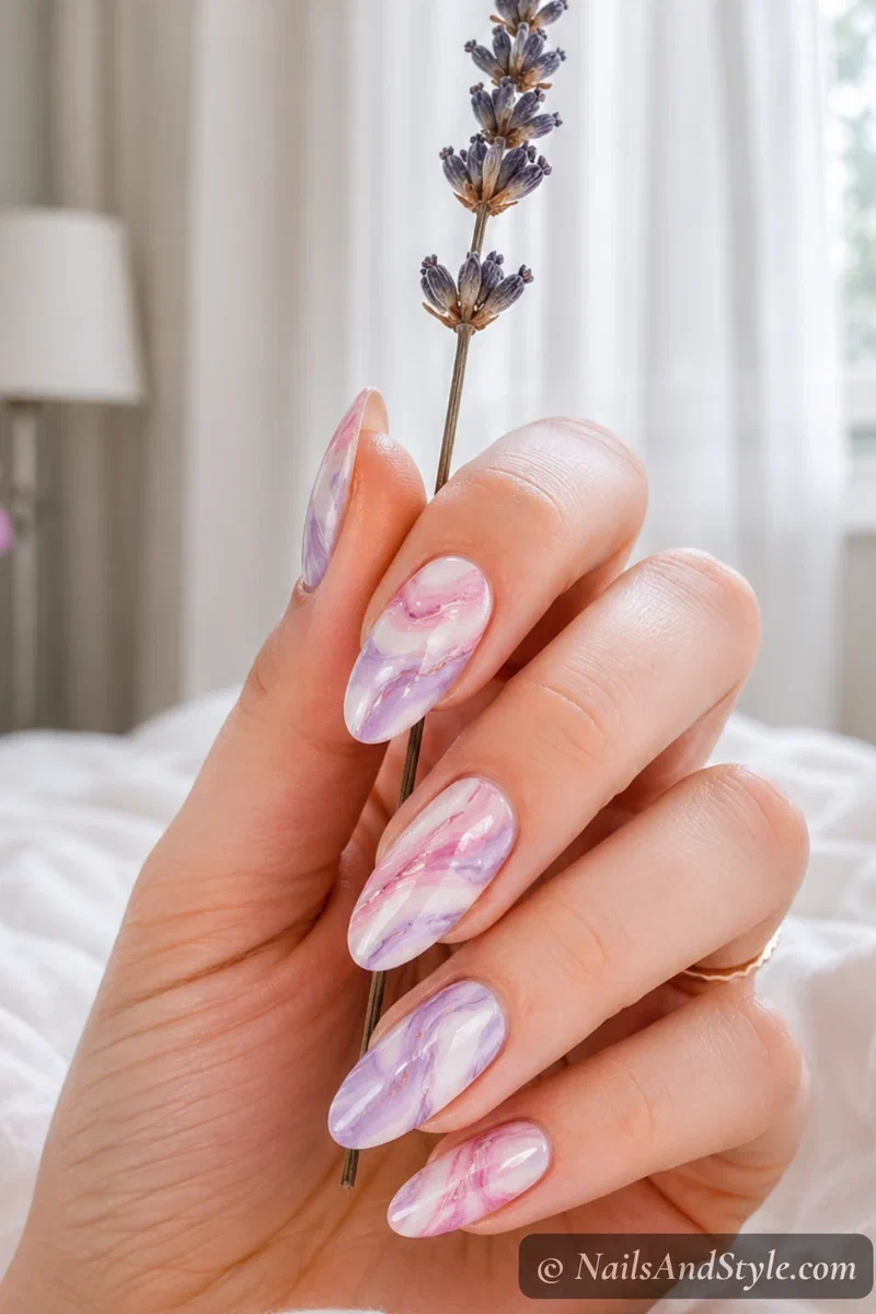 white nails with pink and lavender marble swirl pattern created with toothpick