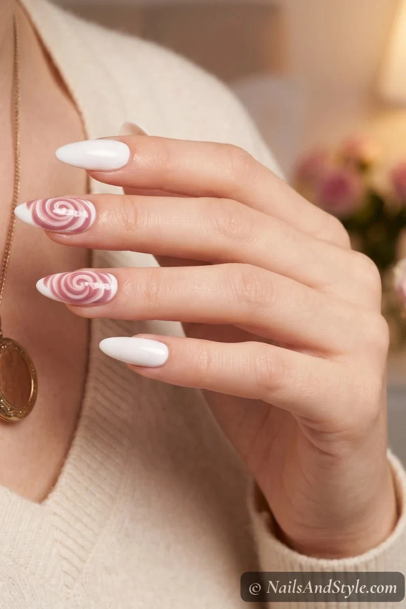 white nails with a delicate pink rose swirl on accent nails