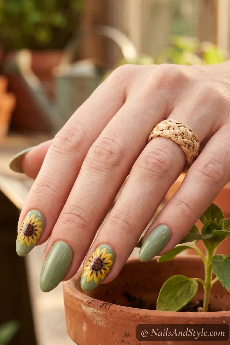 sage green nails with hand painted sunflower accent using toothpick
