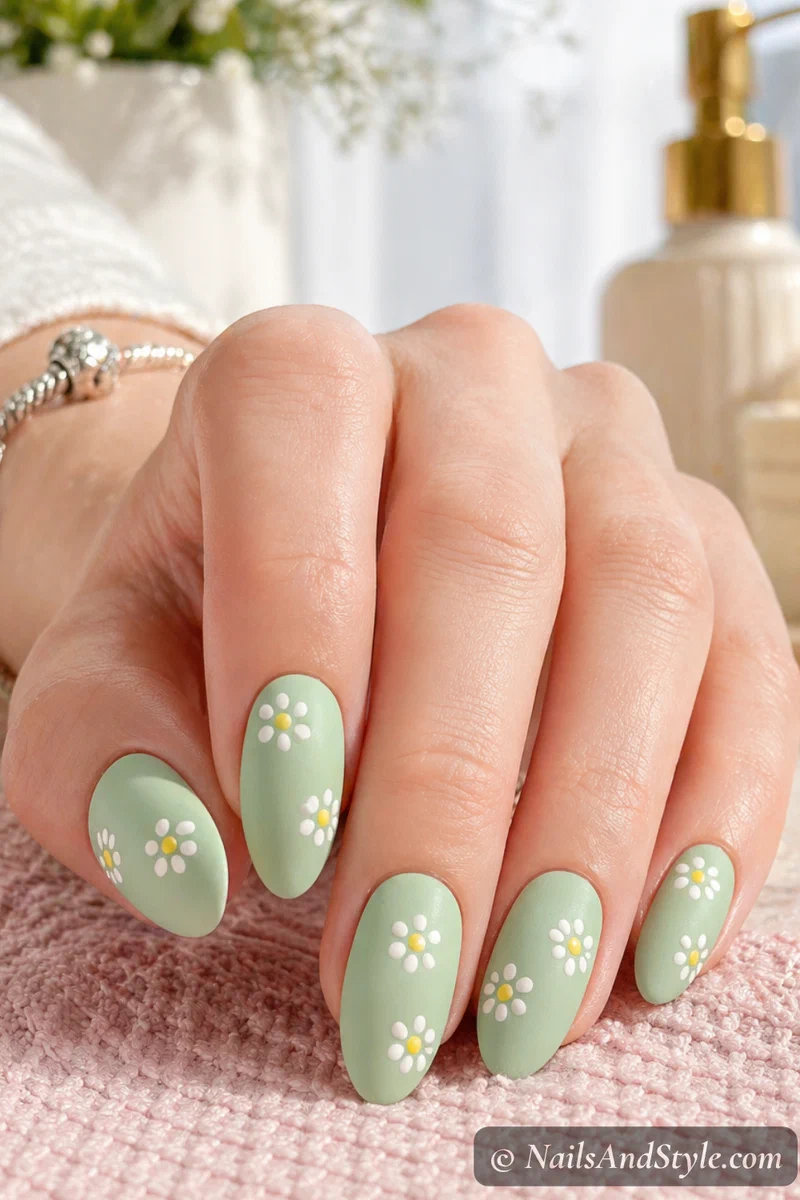 pastel green nails with tiny white daisy flowers made using a toothpick