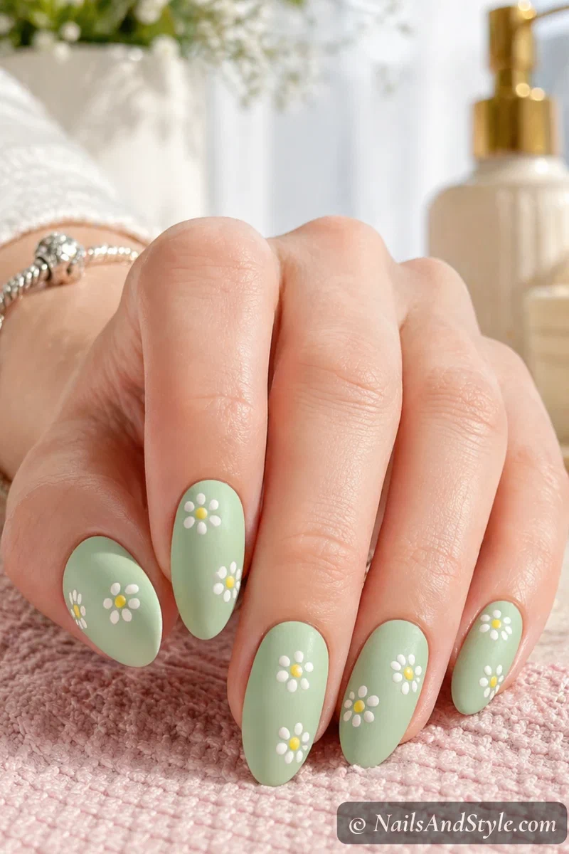 pastel green nails with tiny white daisy flowers made using a toothpick