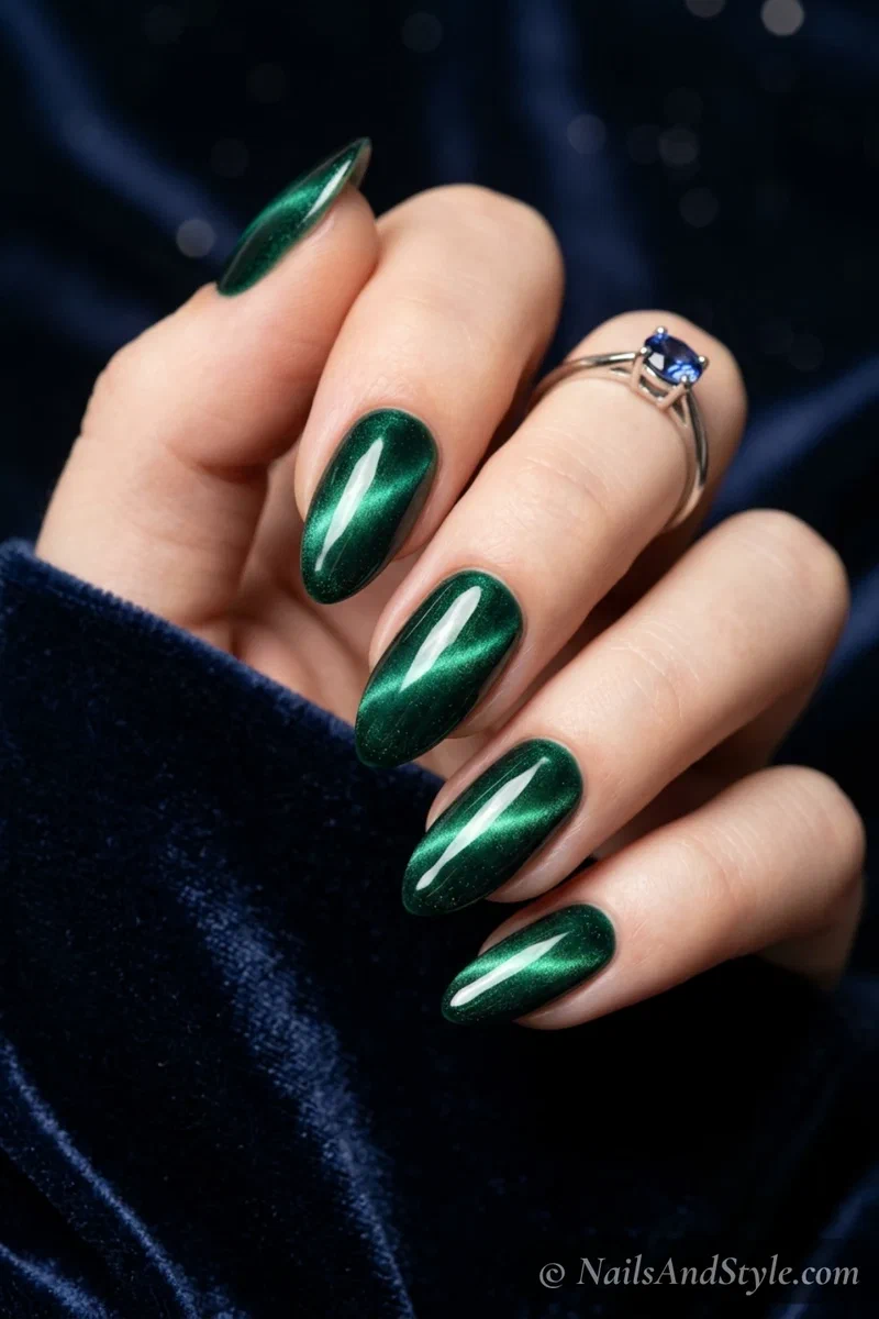 Deep emerald cat-eye magnetic nails with a bright shifting light stripe down each nail on medium almond nails