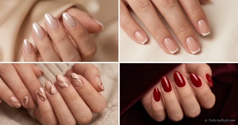 Collage of expensive-looking nail designs including glazed chrome, micro French tips, latte swirls, and glossy classic red