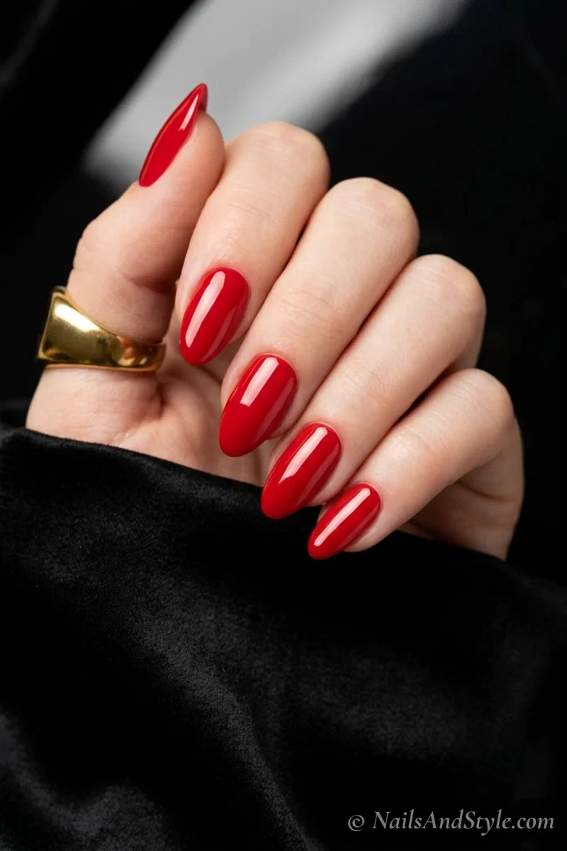 Glossy classic red nails with a clean mirror finish and sharp cuticle edges on medium almond nails