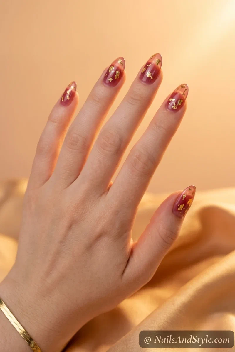 Sheer berry jelly nails with scattered gold leaf flakes and a glossy finish on medium almond nails
