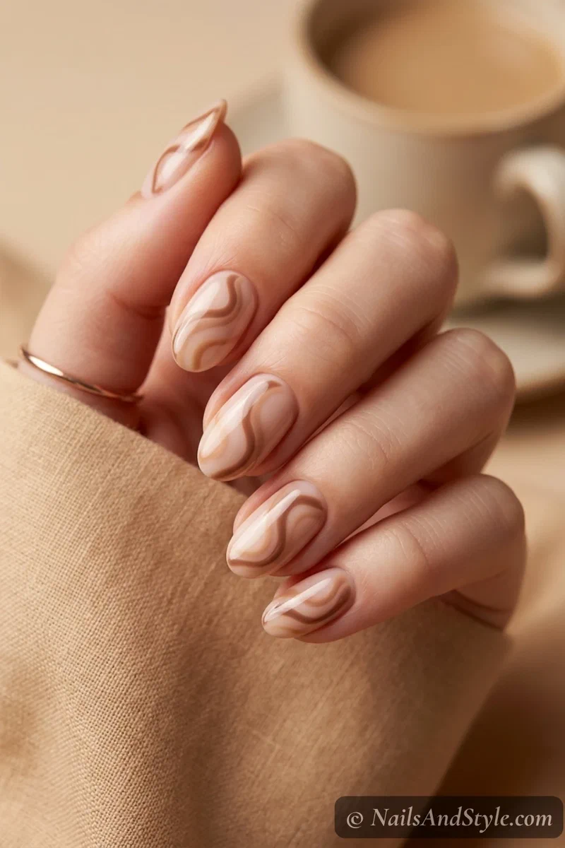Latte swirl nails with soft mocha brown swirls over a creamy nude base on medium oval nails