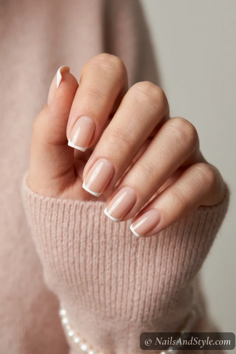 Ultra thin micro French tip nails with a nude base and delicate white tips on medium squoval nails
