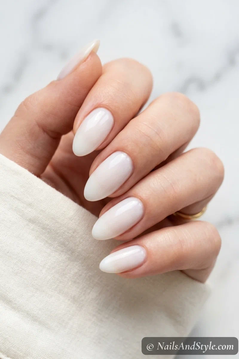 Soft milky white sheer nails with a glossy finish on medium almond nails