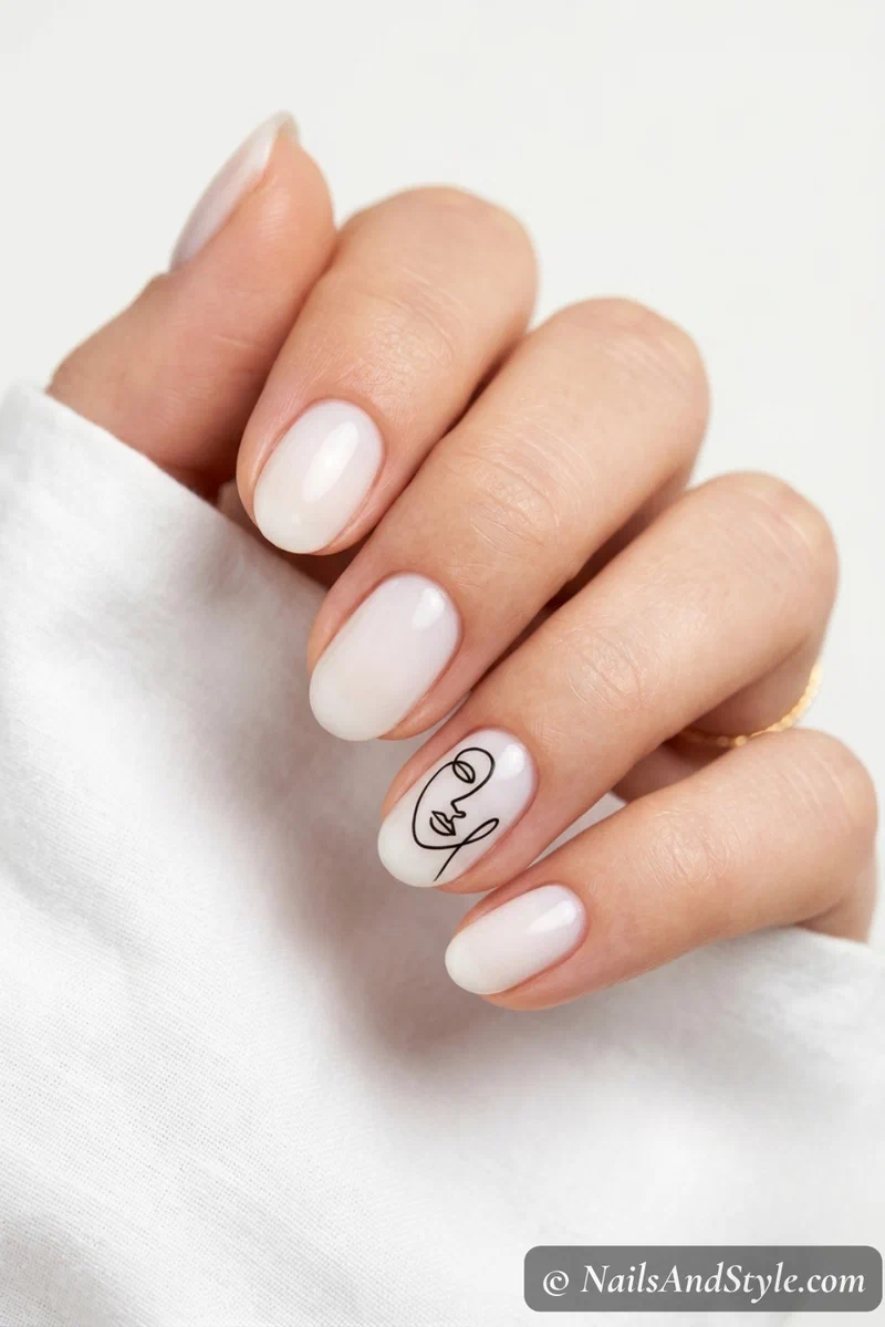Minimalist nails with a single thin black abstract line on a milky base and bare accent nails on short oval nails