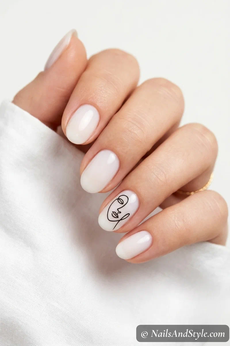 Minimalist nails with a single thin black abstract line on a milky base and bare accent nails on short oval nails