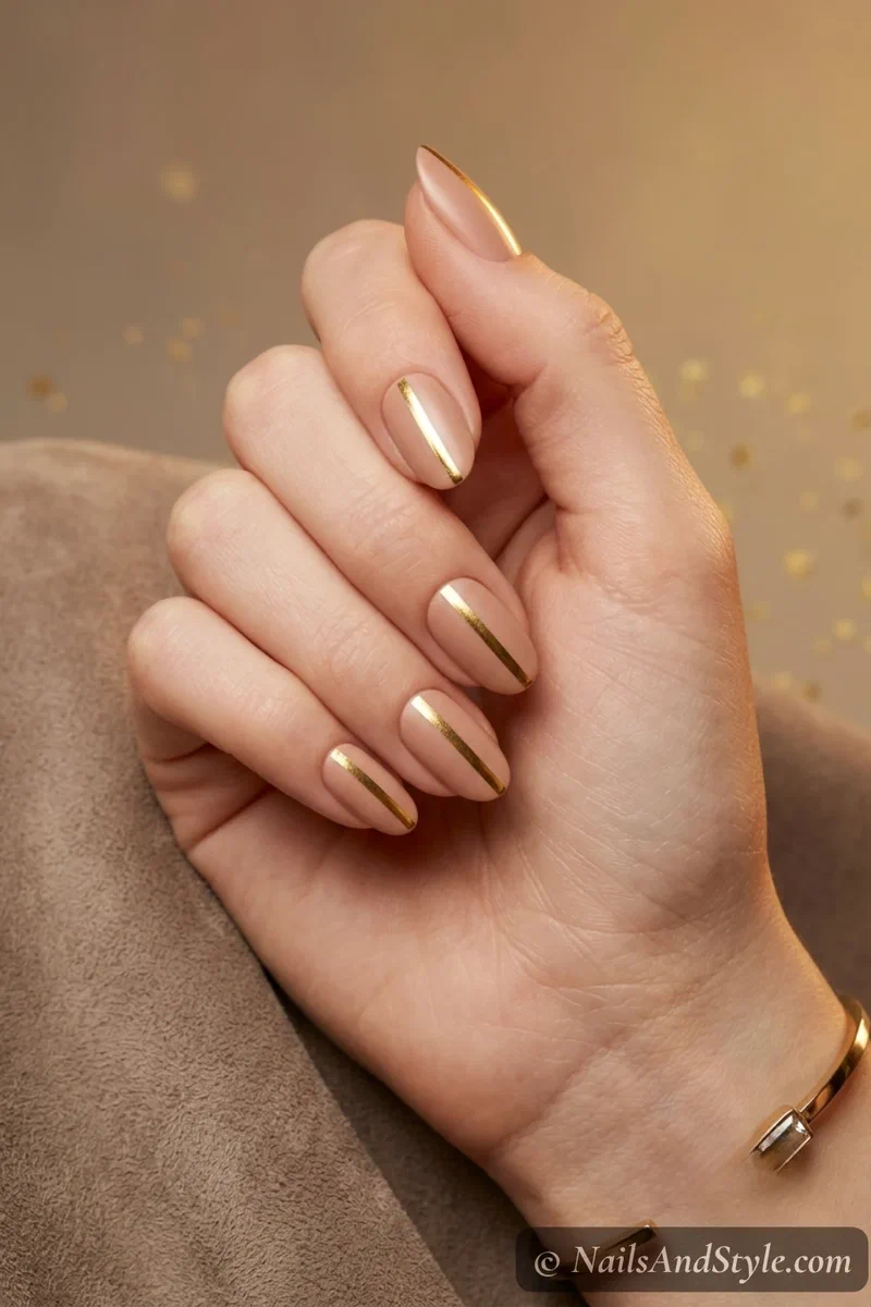 Nude nails with a single thin vertical gold foil stripe down each nail on medium oval nails