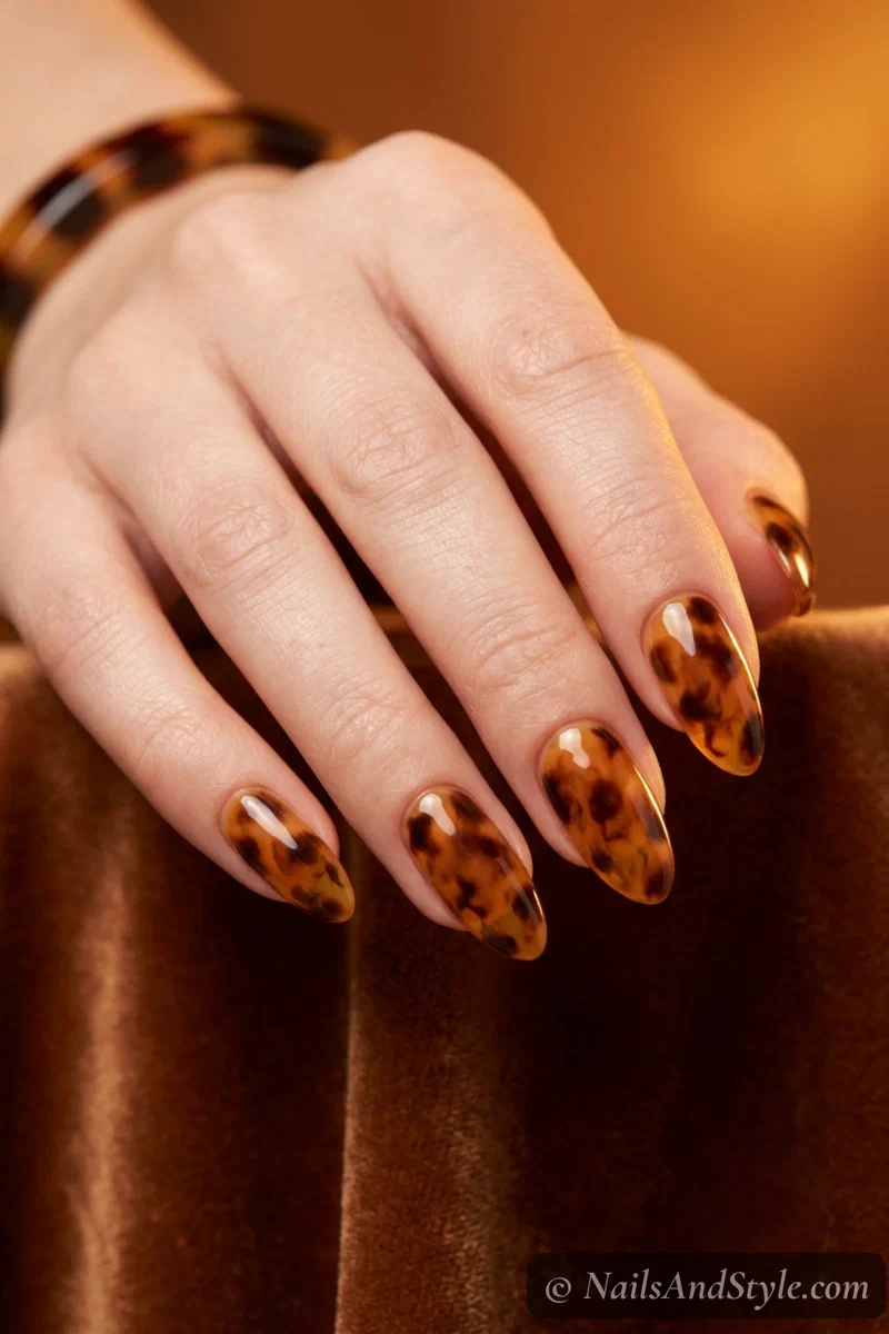 Tortoiseshell nails with amber honey and dark brown mottled pattern and glossy finish on medium almond nails