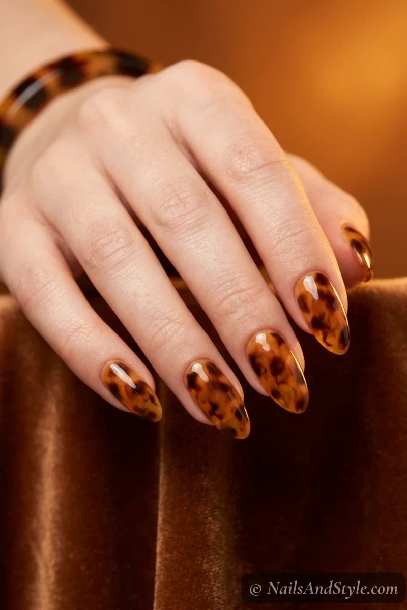 Tortoiseshell nails with amber honey and dark brown mottled pattern and glossy finish on medium almond nails