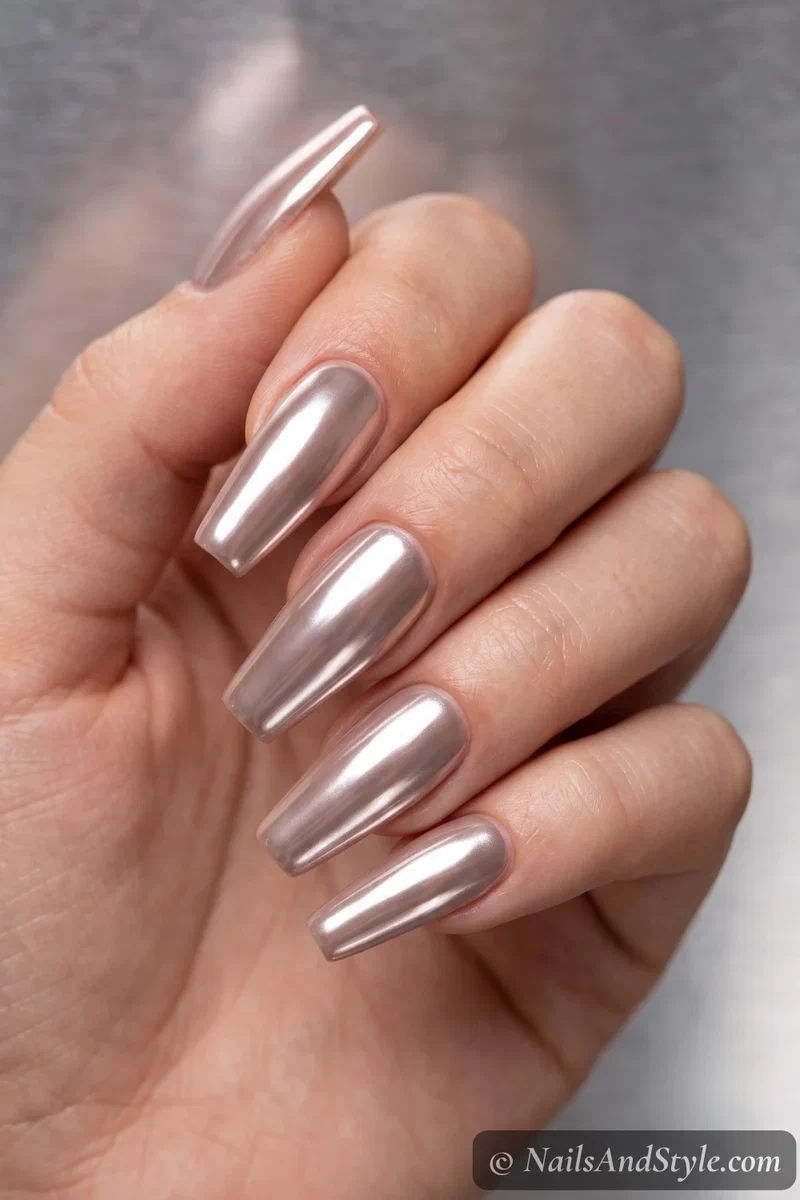 Long coffin-shaped nails tapered with a flat tip in a nude with chrome finish