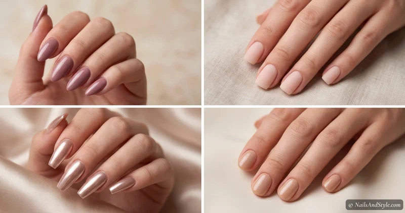 Four nail shapes shown side by side — soft almond nails, clean squoval nails, rounded short nails, and long coffin nails