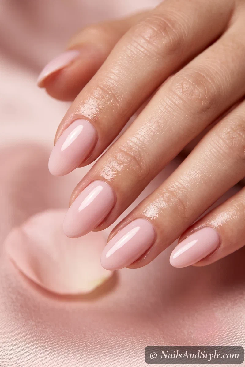 Oval nails with a soft symmetrical curved tip in a pale rose shade