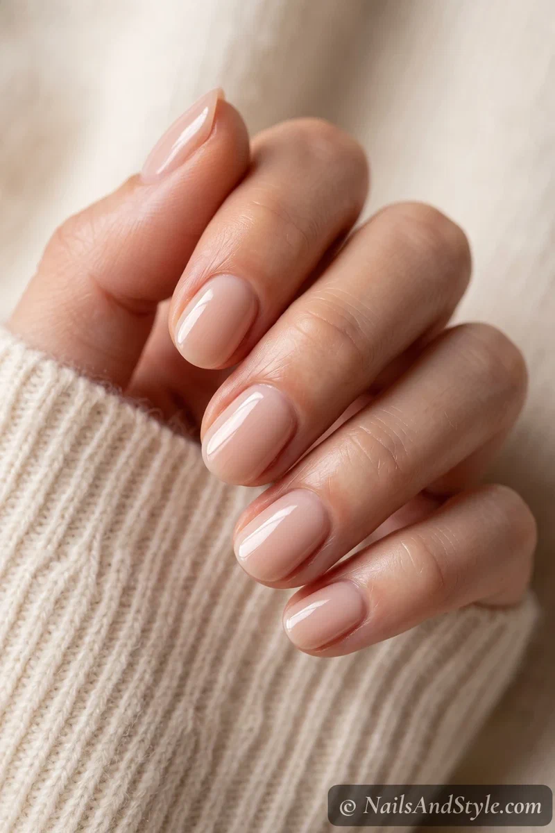 Short round nails in a soft milky nude with a glossy finish