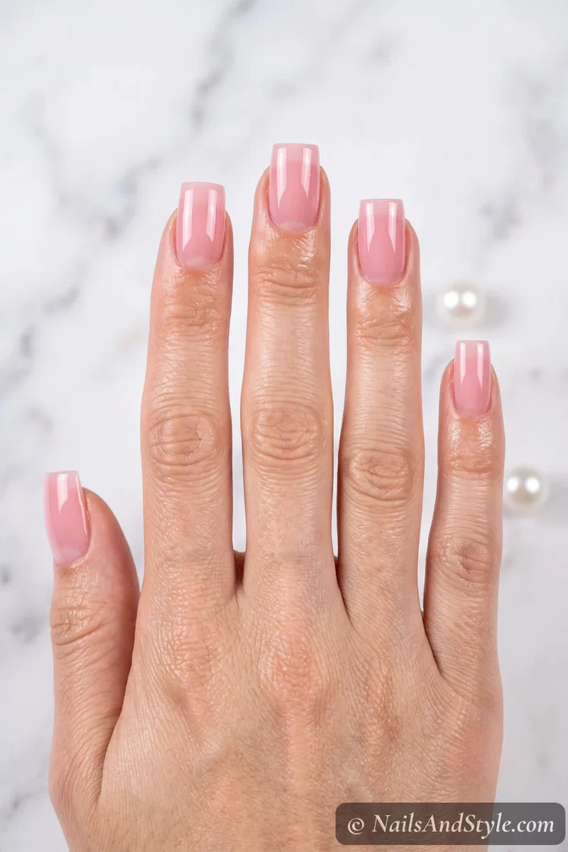 Medium square nails with straight sides and a flat top in a sheer pink