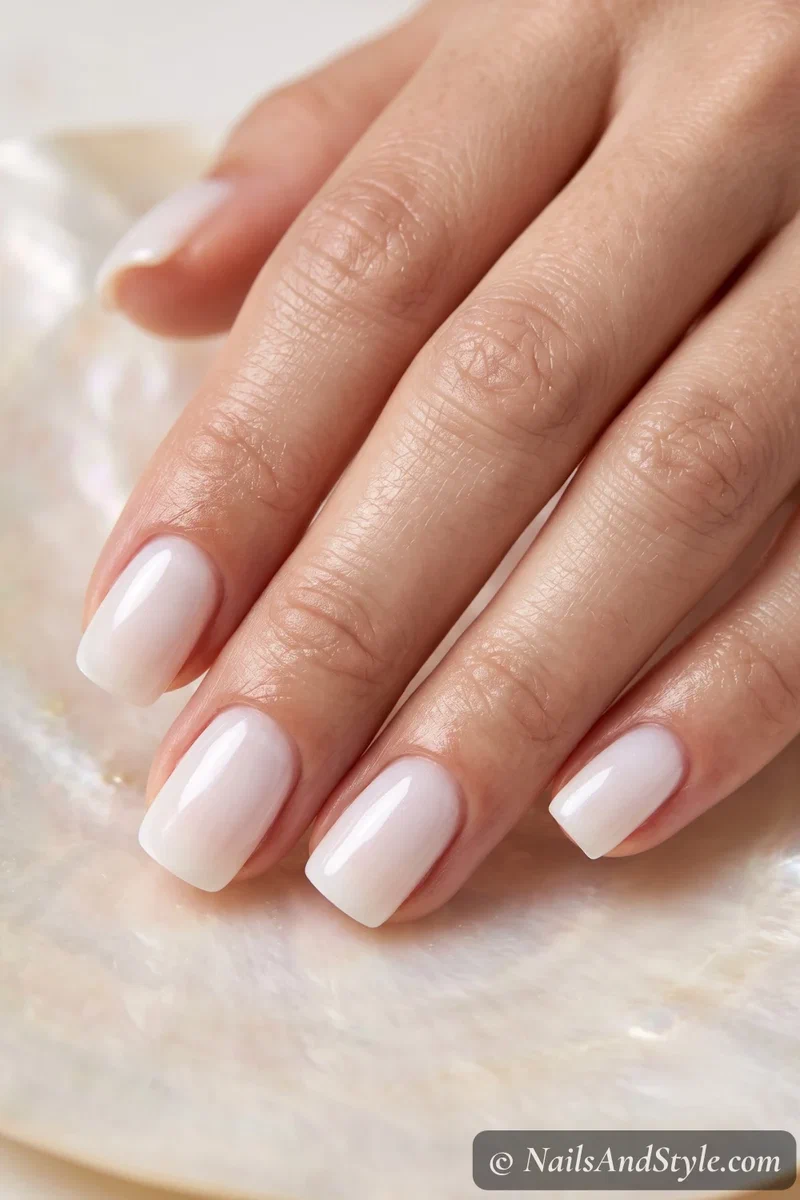Squircle nails — a soft square with rounded corners — in a sheer milky white