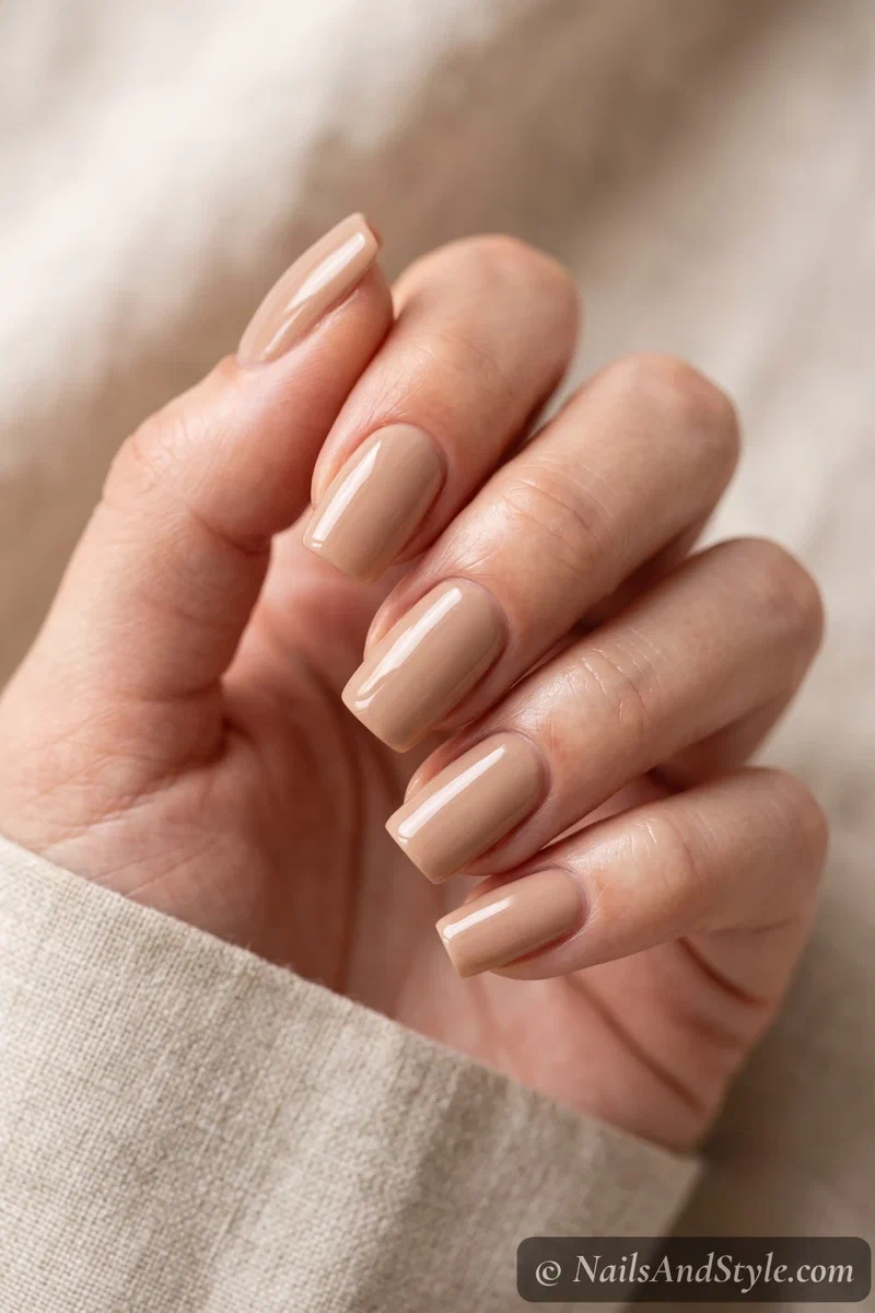Squoval nails with straight sides and softly rounded corners in a warm beige